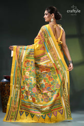 Cyber yellow silk kantha stitch saree - multicolor floral design yellow floral saree green orange 5