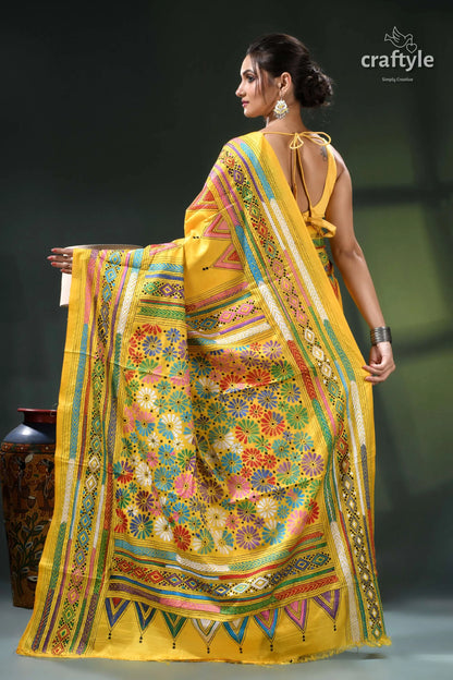 Cyber yellow silk kantha stitch saree - multicolor floral design yellow floral saree green orange 5