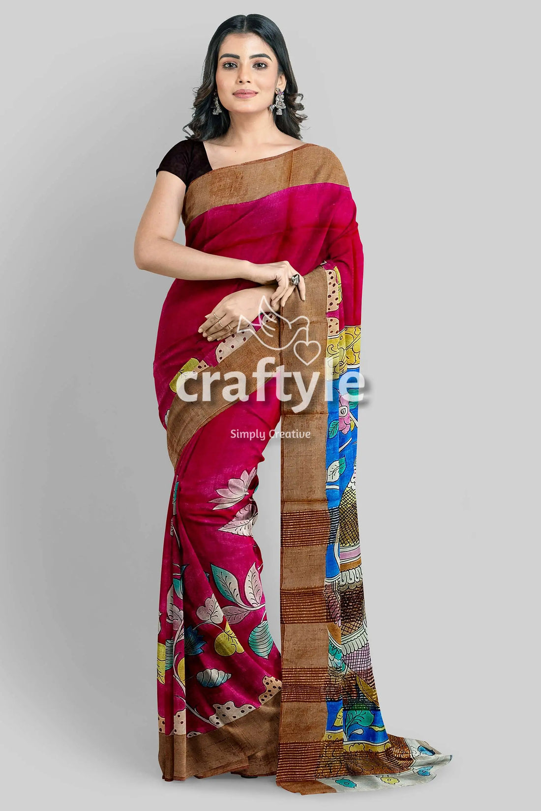 Dabian red hand painted zari border tussar kalamkari sari - pure fabric elegant pink brown saree 1