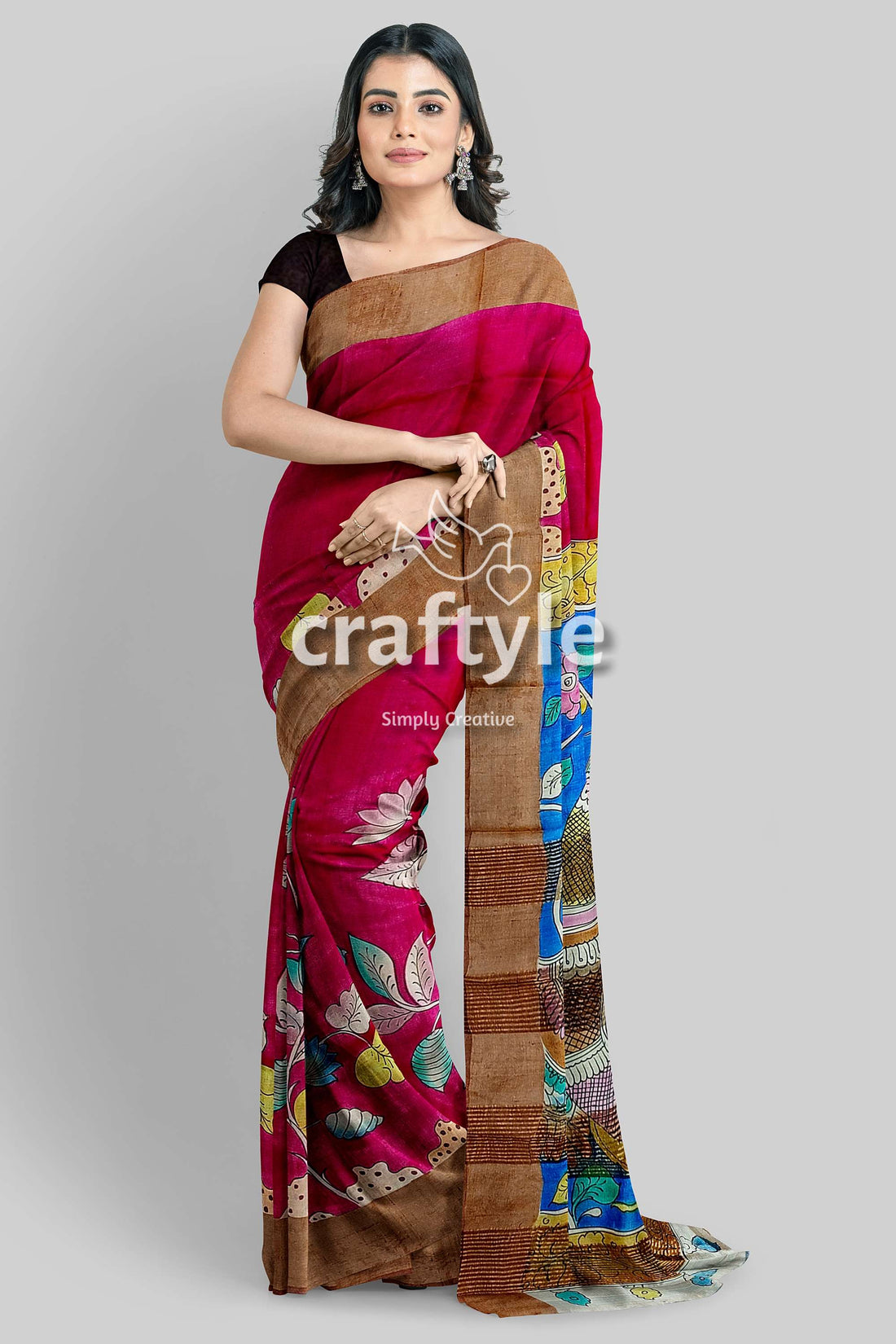 Dabian Red Hand Painted Zari Border Tussar Kalamkari Sari - Pure Tussar Fabric - Craftyle