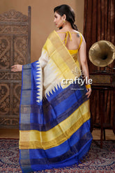 Daffodil Yellow & Blue Hand Block Print Zari Border Pure Tussar Silk Saree - Craftyle