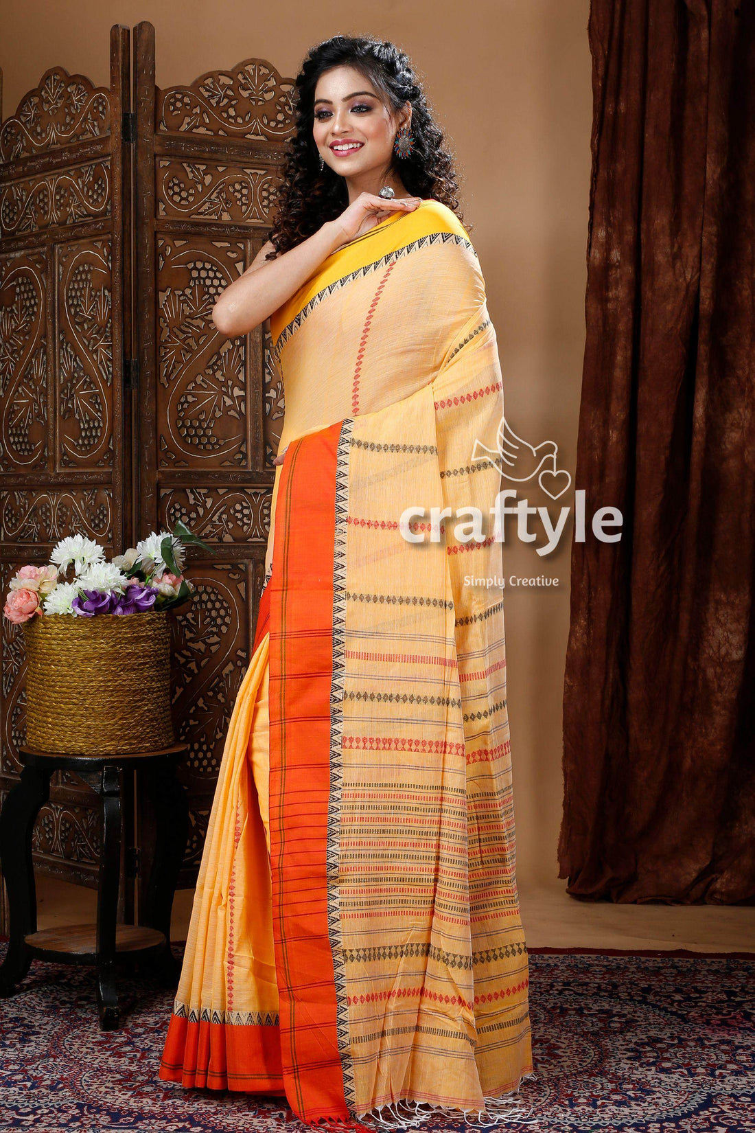 Daffodil Yellow Traditional Handwoven Cotton Sari-Craftyle