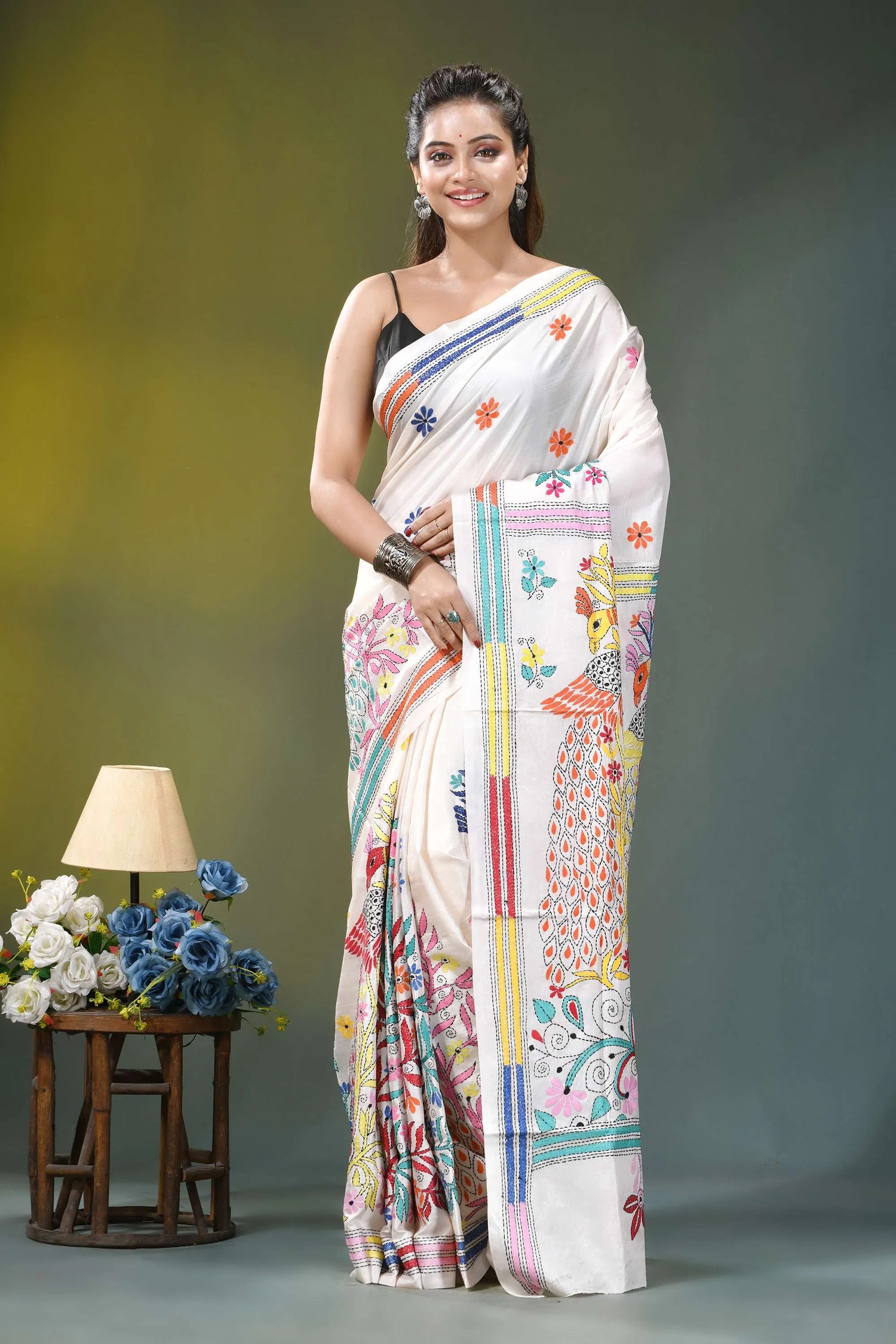 Daisy white artisanal peacock motif handcrafted silk kantha saree woman wears white saree adorned 6