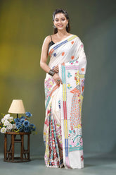 Daisy white artisanal peacock motif handcrafted silk kantha saree woman wears white saree adorned 6