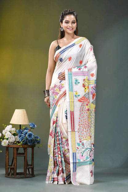 Daisy white artisanal peacock motif handcrafted silk kantha saree white saree adorned vibrant hand-embroidered 1
