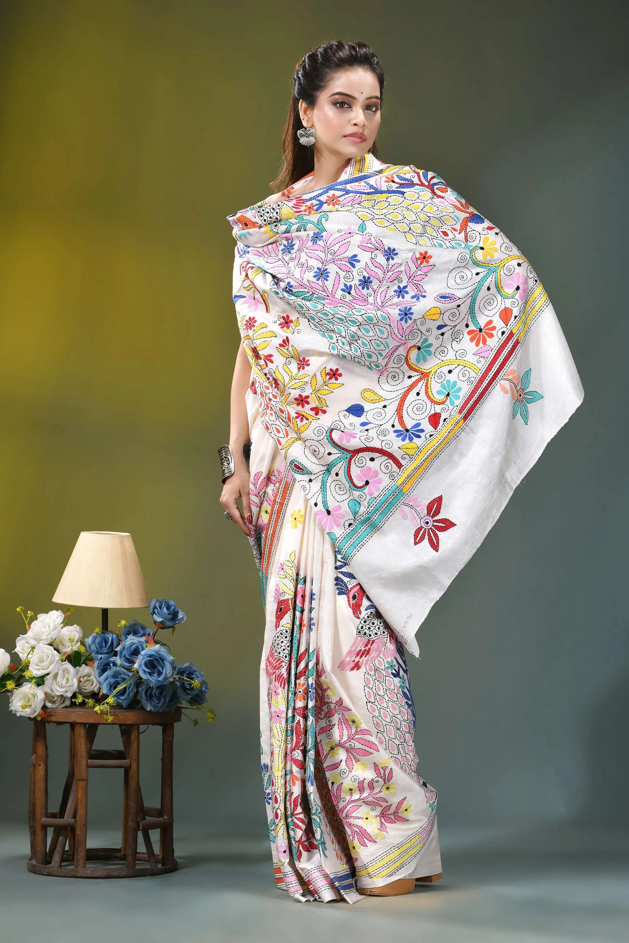 Daisy white artisanal peacock motif handcrafted silk kantha saree woman wears white saree adorned 5