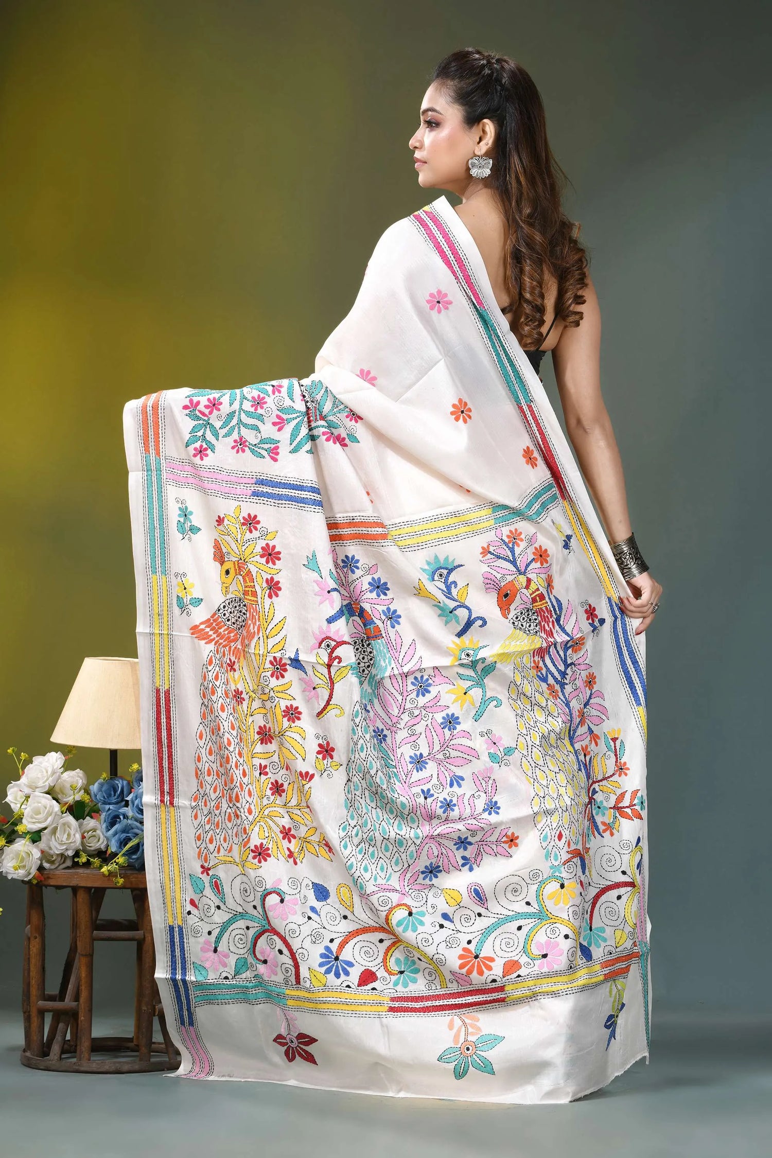 Daisy white artisanal peacock motif handcrafted silk kantha saree white saree adorned vibrant colorful 4
