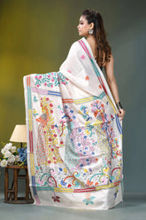 Daisy white artisanal peacock motif handcrafted silk kantha saree white saree adorned vibrant colorful 4