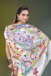 Daisy white artisanal peacock motif handcrafted silk kantha saree white fabric shawl adorned vibrant 2