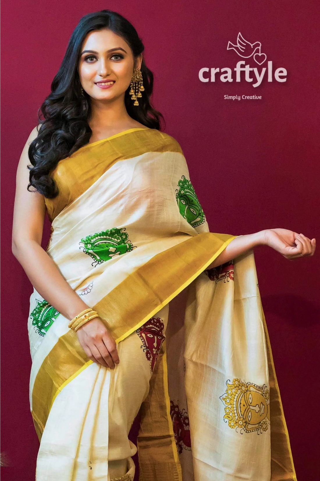 Daisy white block printed pure tussar silk saree for women woman cream gold saree 2