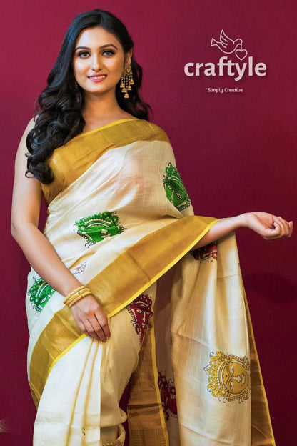 Daisy White Block Printed Pure Tussar Silk Saree for Women - Craftyle