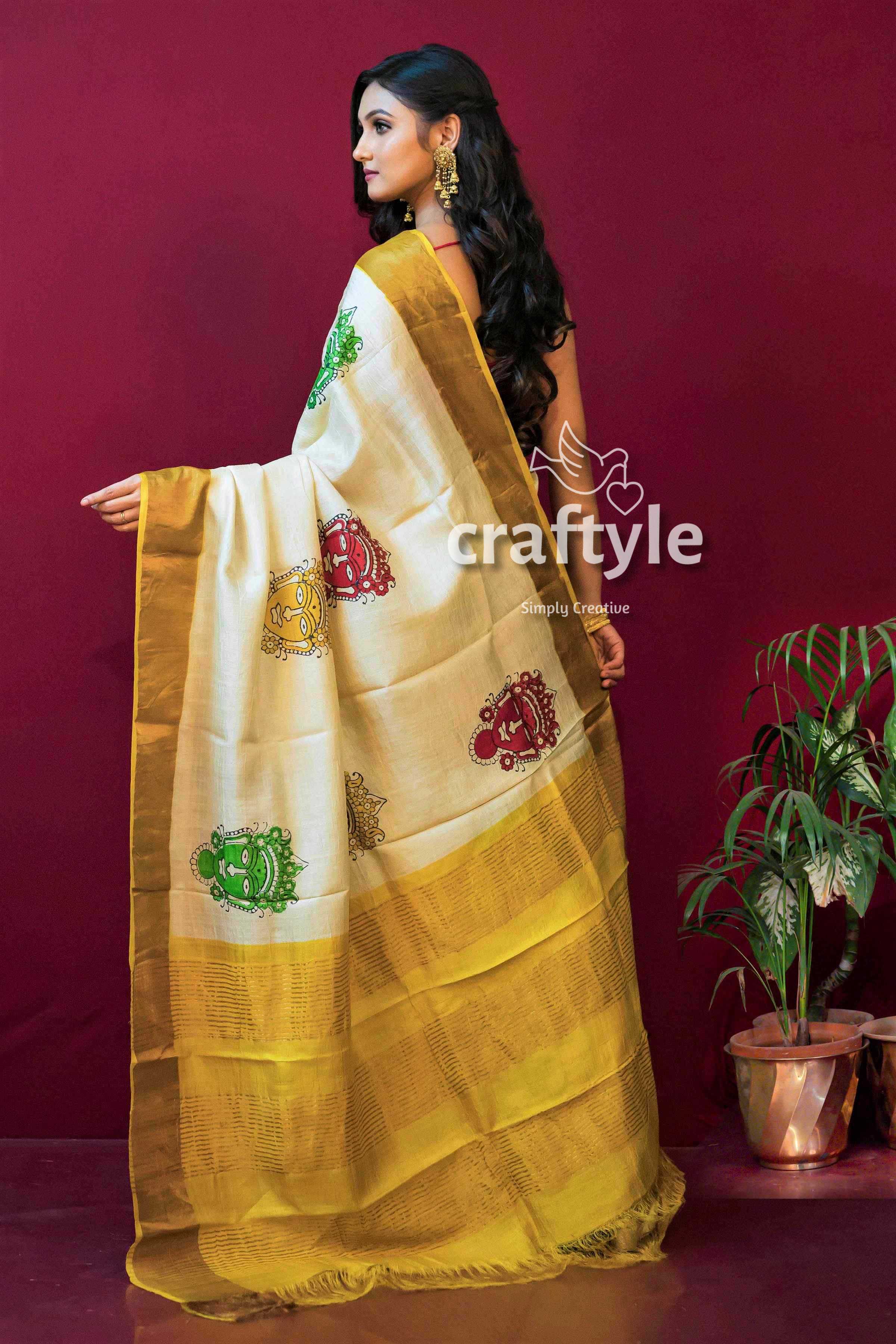 Daisy White Block Printed Pure Tussar Silk Saree for Women - Craftyle