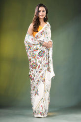 Daisy white hand embroidered floral motif kantha silk saree adorned vibrant 8