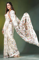 Daisy white hand embroidered floral motif kantha silk saree woman wears off-white 6