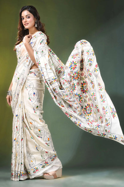 Daisy white hand embroidered floral motif kantha silk saree woman wears off-white 6