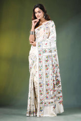 Daisy white hand embroidered floral motif kantha silk saree woman wears off-white 7
