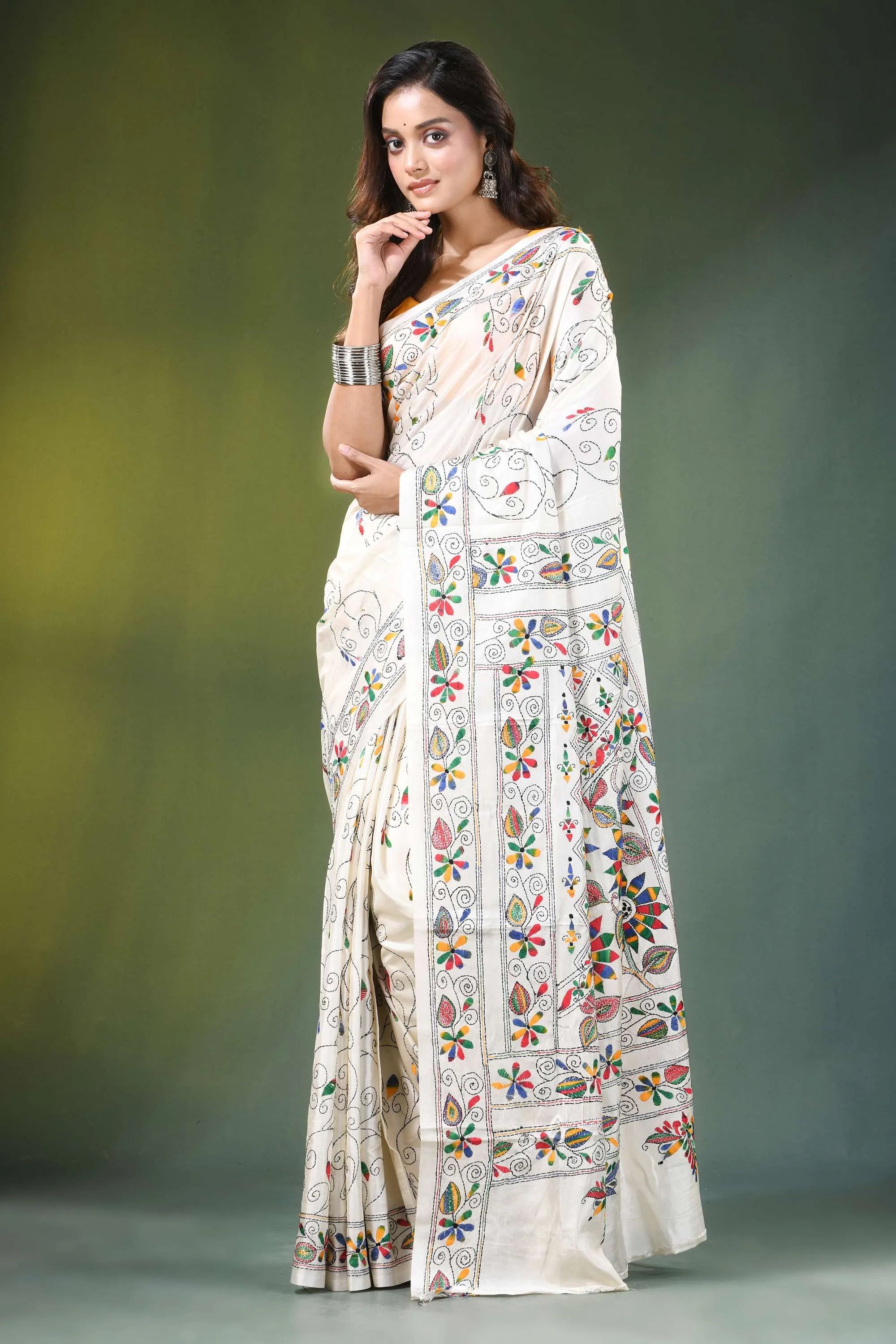 Daisy white hand embroidered floral motif kantha silk saree woman wears off-white 7