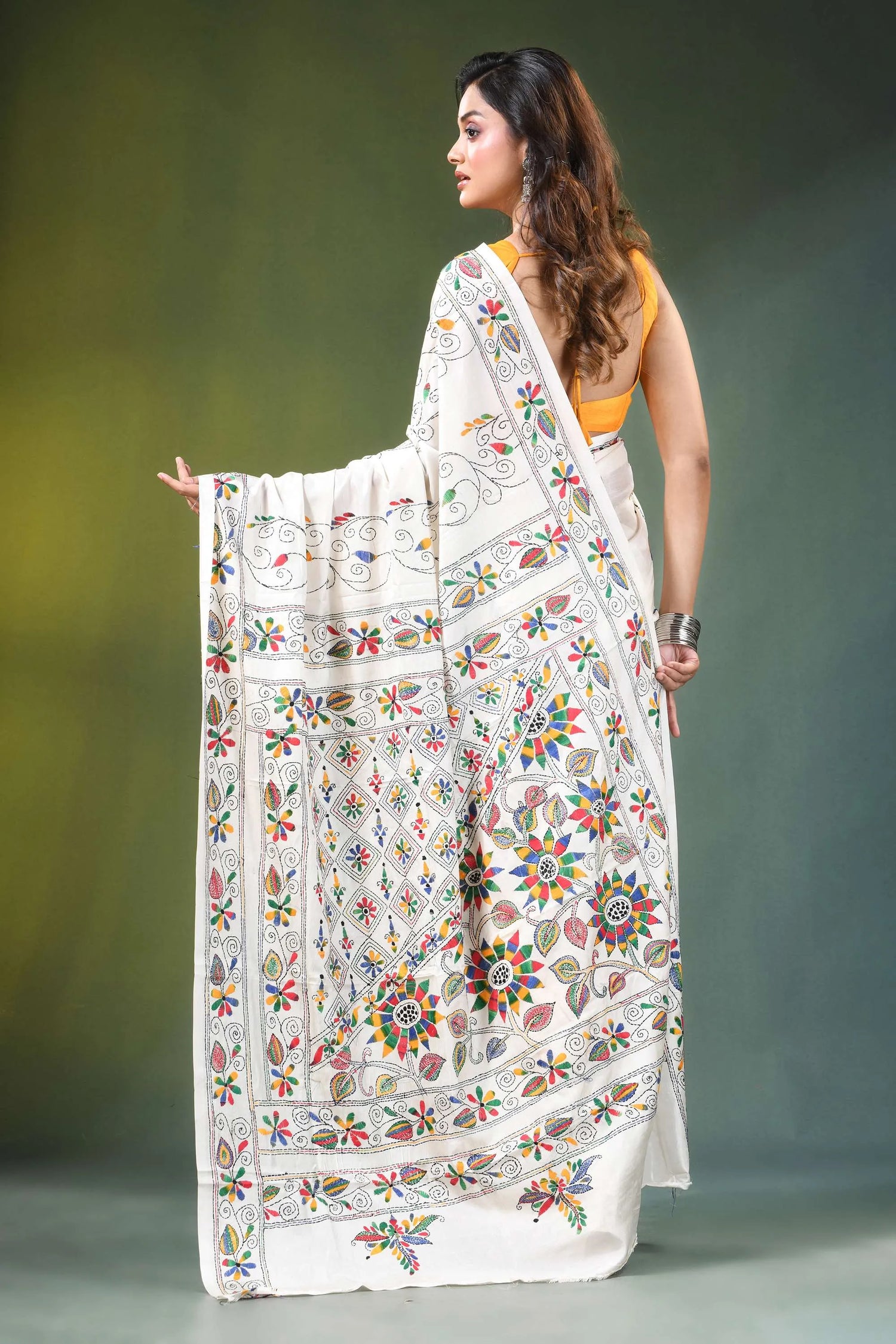 Daisy white hand embroidered floral motif kantha silk saree intricate multicolored 5