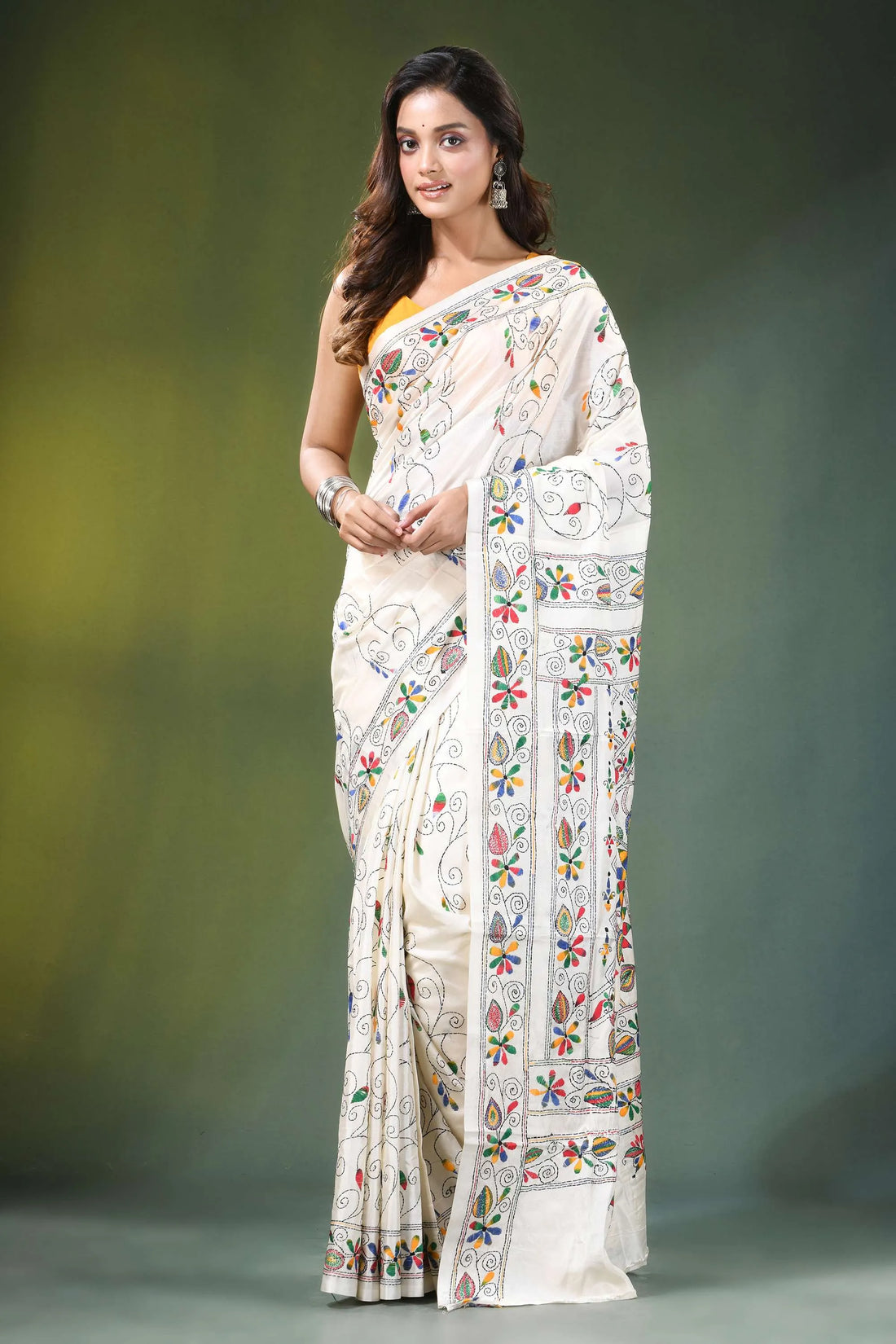 Daisy white hand embroidered floral motif kantha silk saree woman wears off-white 1