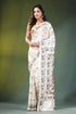 Daisy white hand embroidered floral motif kantha silk saree woman wears off-white 1