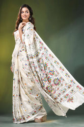 Daisy white hand embroidered floral motif kantha silk saree cream-colored adorned intricate 4