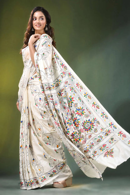 Daisy white hand embroidered floral motif kantha silk saree cream-colored adorned intricate 4