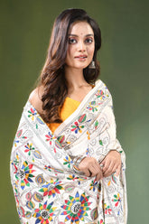 Daisy white hand embroidered floral motif kantha silk saree woman wears intricately 2