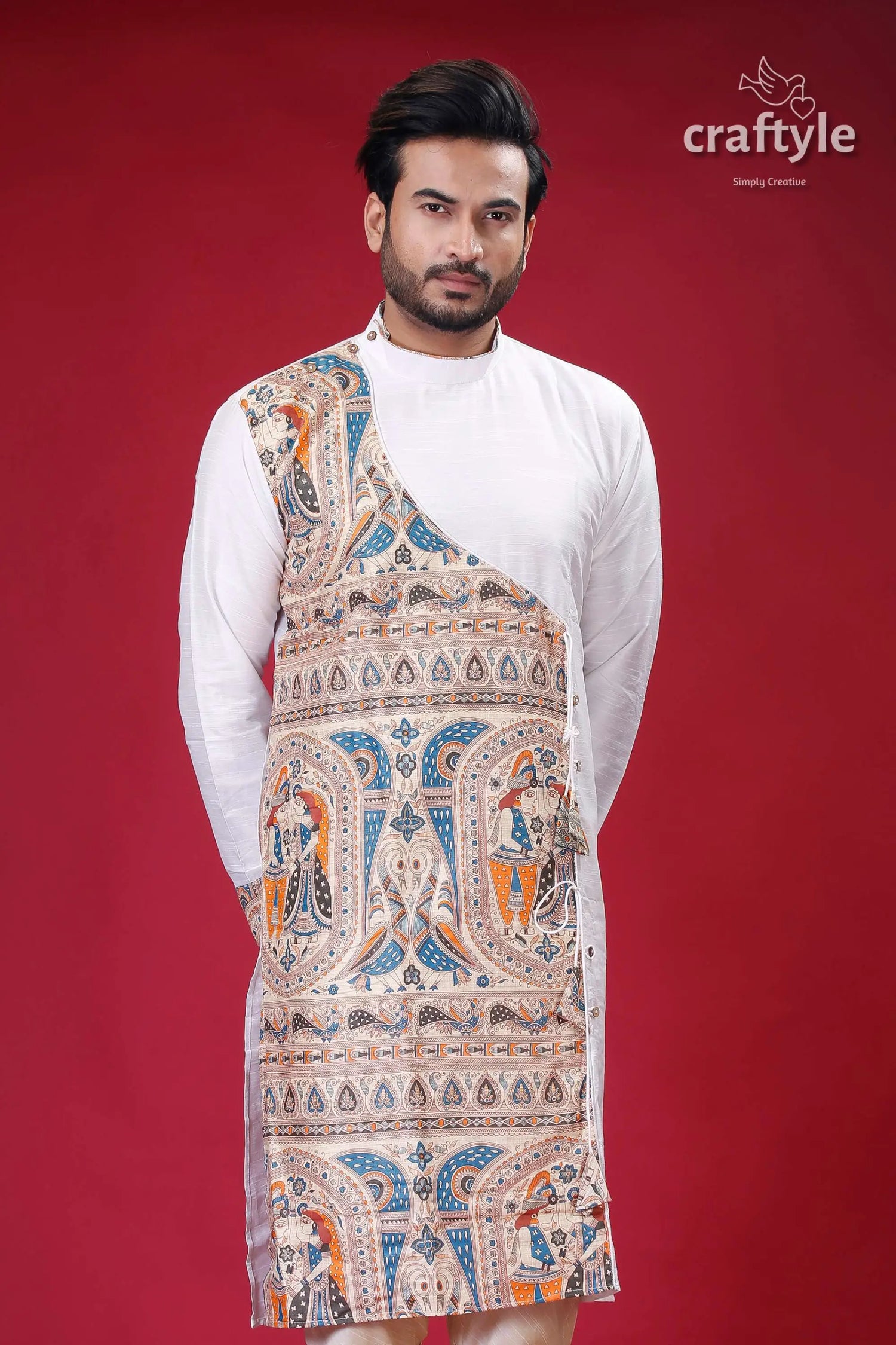 Daisy white madhubani art silk kurta for men- stylish ethnic wear man white kurta intricate design 2