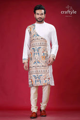 Daisy white madhubani art silk kurta for men- stylish ethnic wear man’s white kurta painted design 3