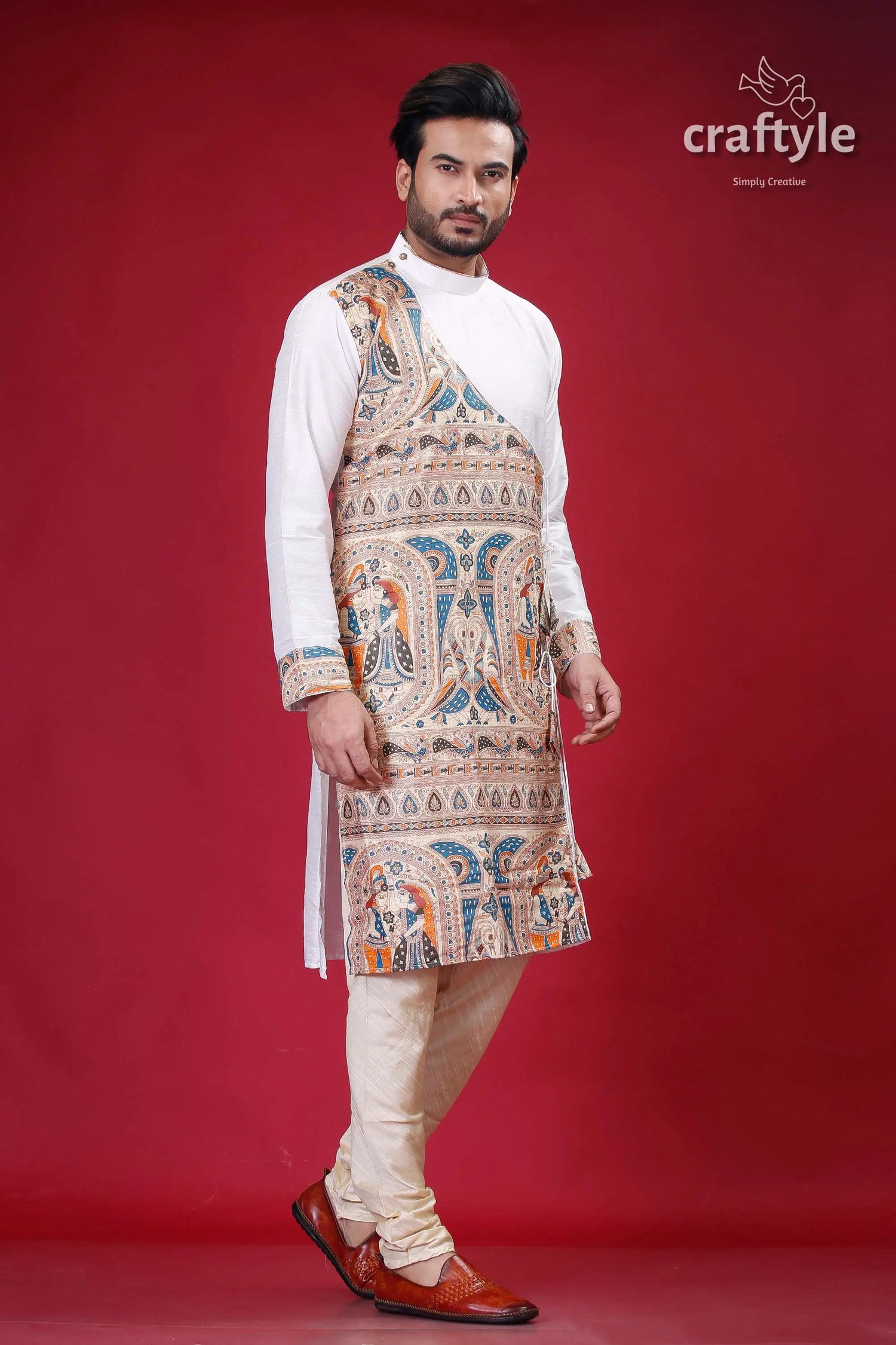 Daisy white madhubani art silk kurta for men- stylish ethnic wear man embroidered kurta pajama 4