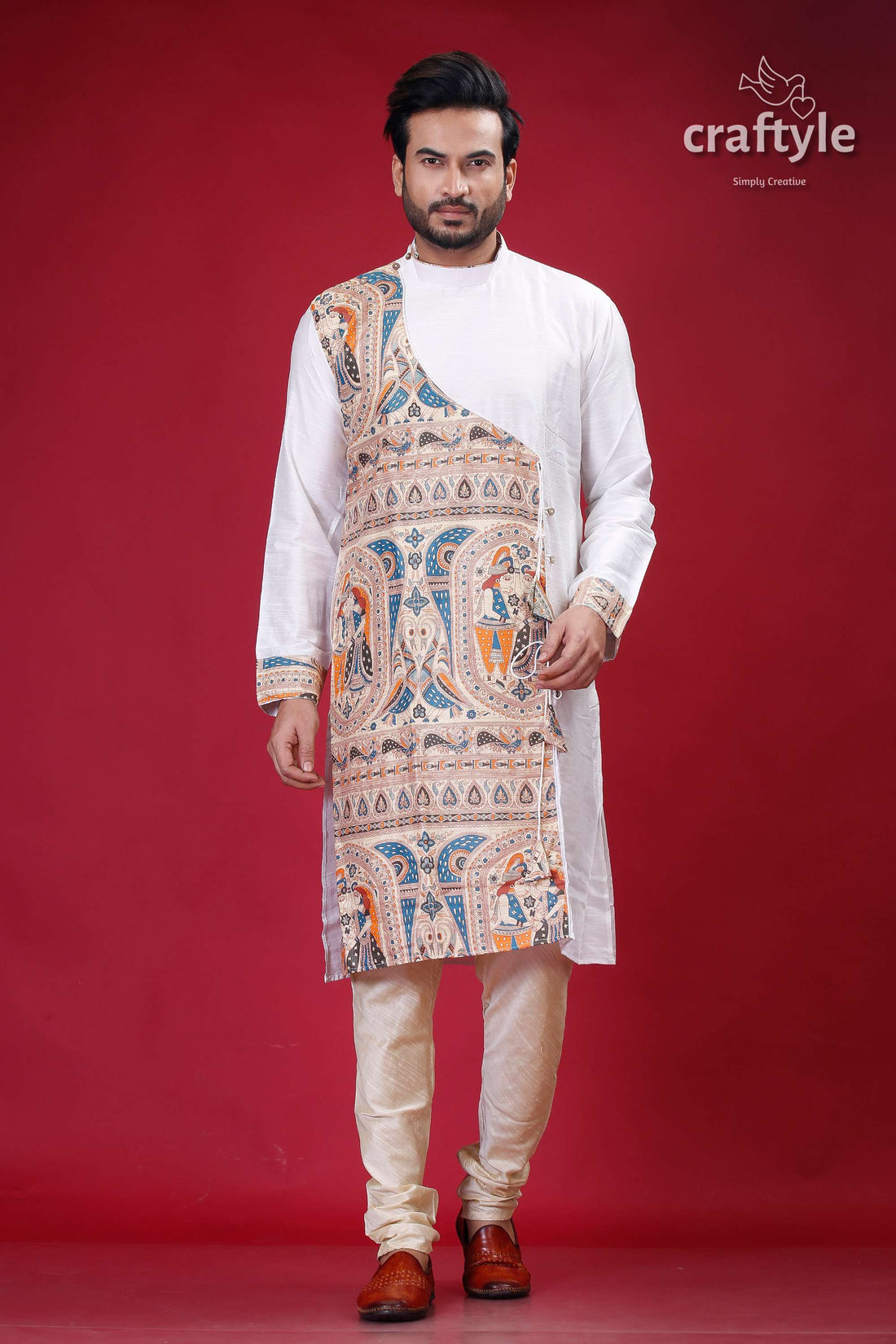 Daisy White Madhubani Art Silk Kurta for Men- Stylish Ethnic Wear - Craftyle