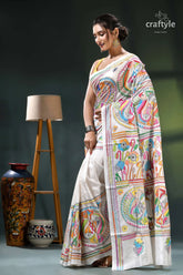 Daisy white multi-thread fish motif premium kantha silk saree white saree colorful abstract designs 3