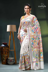 Daisy white multi-thread fish motif premium kantha silk saree white saree colorful hand-painted designs 1