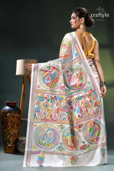 Daisy white multi-thread fish motif premium kantha silk saree white saree colorful circular designs 6