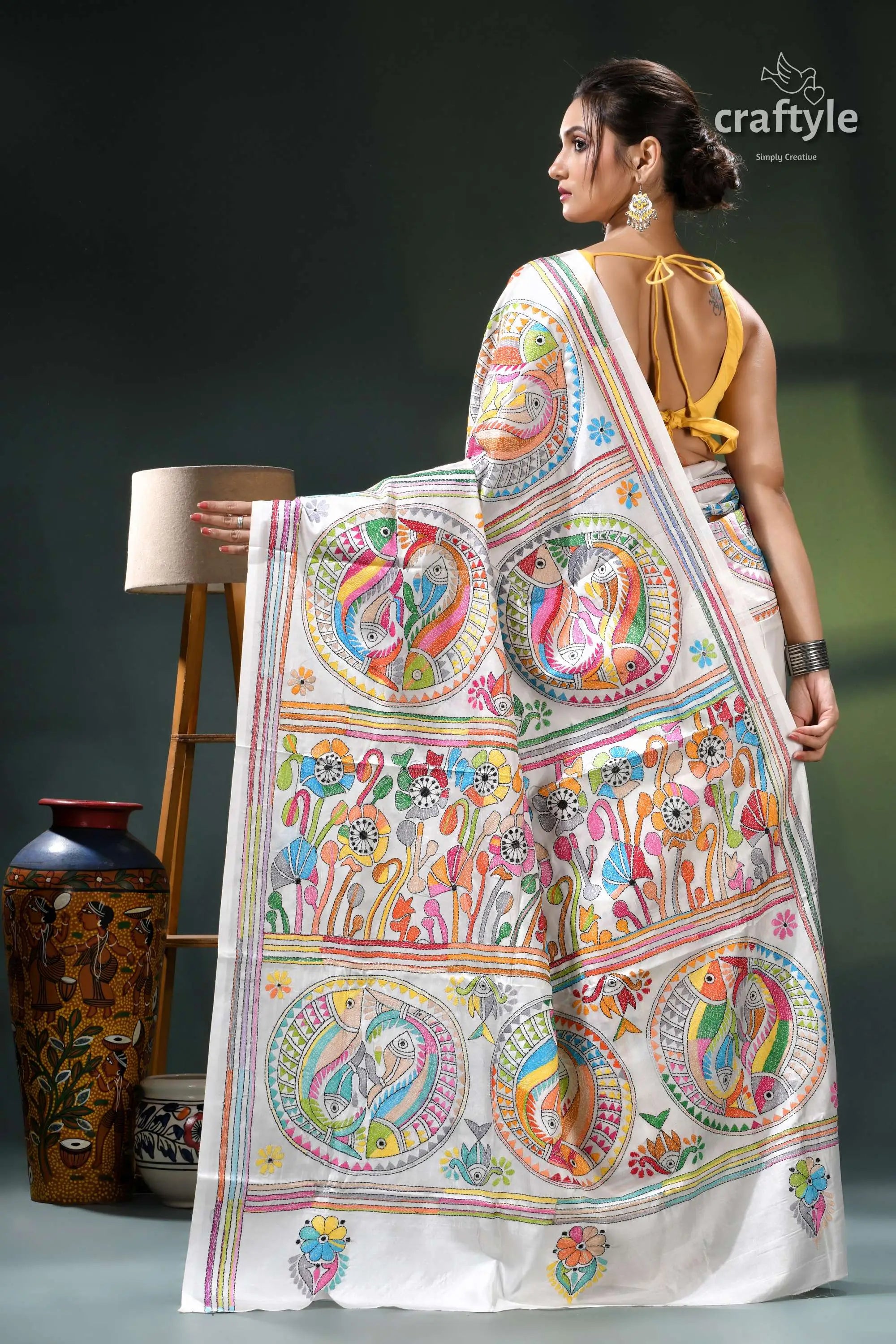 Daisy white multi-thread fish motif premium kantha silk saree white saree colorful circular designs 6