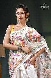 Daisy white multi-thread fish motif premium kantha silk saree white saree colorful abstract designs 2