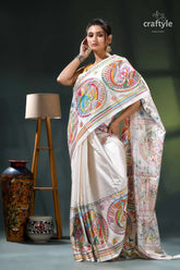 Daisy white multi-thread fish motif premium kantha silk saree cream white saree intricate paisley 5