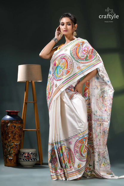 Daisy white multi-thread fish motif premium kantha silk saree cream white saree intricate paisley 5