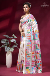Daisy white multi-thread hand embroidered silk kantha work saree woman wears white saree adorned 3