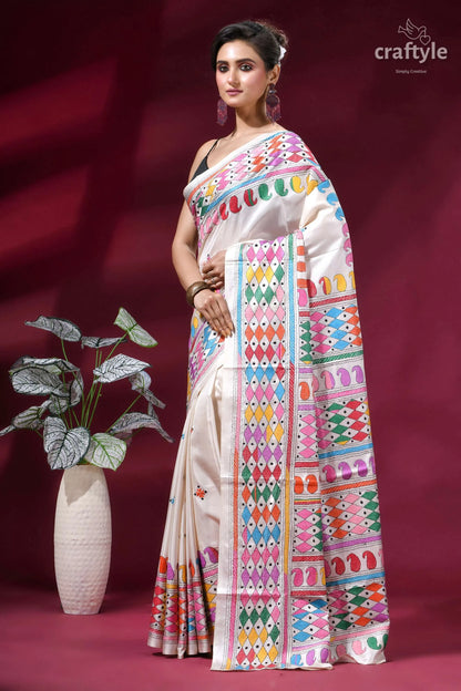 Daisy white multi-thread hand embroidered silk kantha work saree woman wears white saree adorned 3