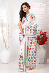 Daisy White Multicolor Leaf Design Kantha Stitched Saree - Craftyle