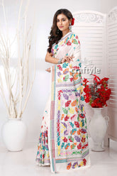 Daisy White Multicolor Leaf Design Kantha Stitched Saree - Craftyle