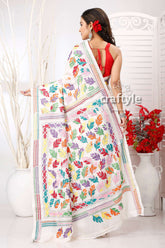 Daisy White Multicolor Leaf Design Kantha Stitched Saree - Craftyle