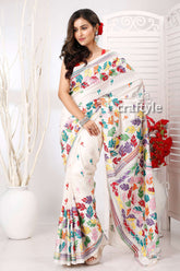 Daisy White Multicolor Leaf Design Kantha Stitched Saree - Craftyle