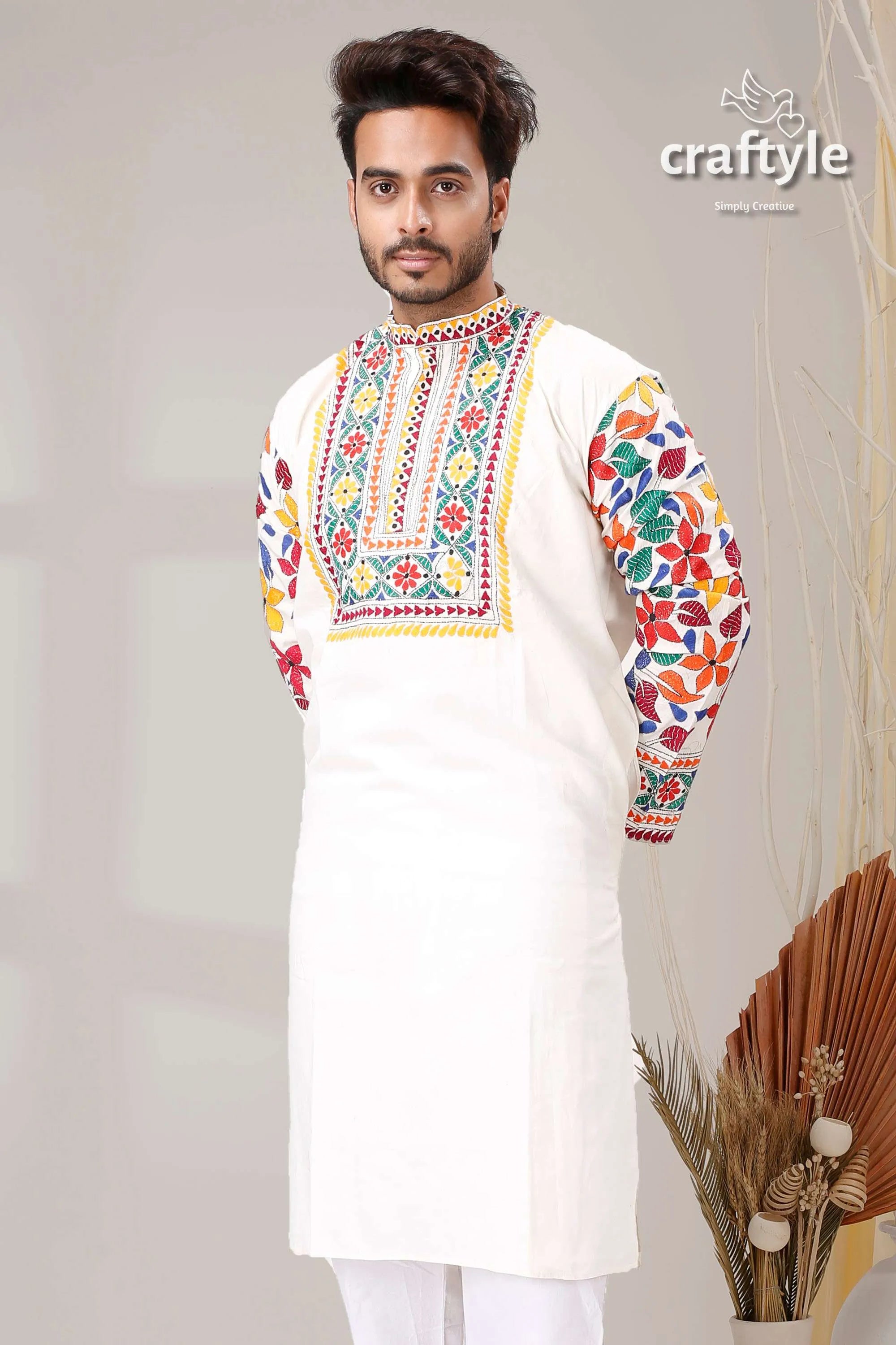 Daisy white multithread work kantha stitch cotton panjabi for men embroidered kurta vibrant floral 2