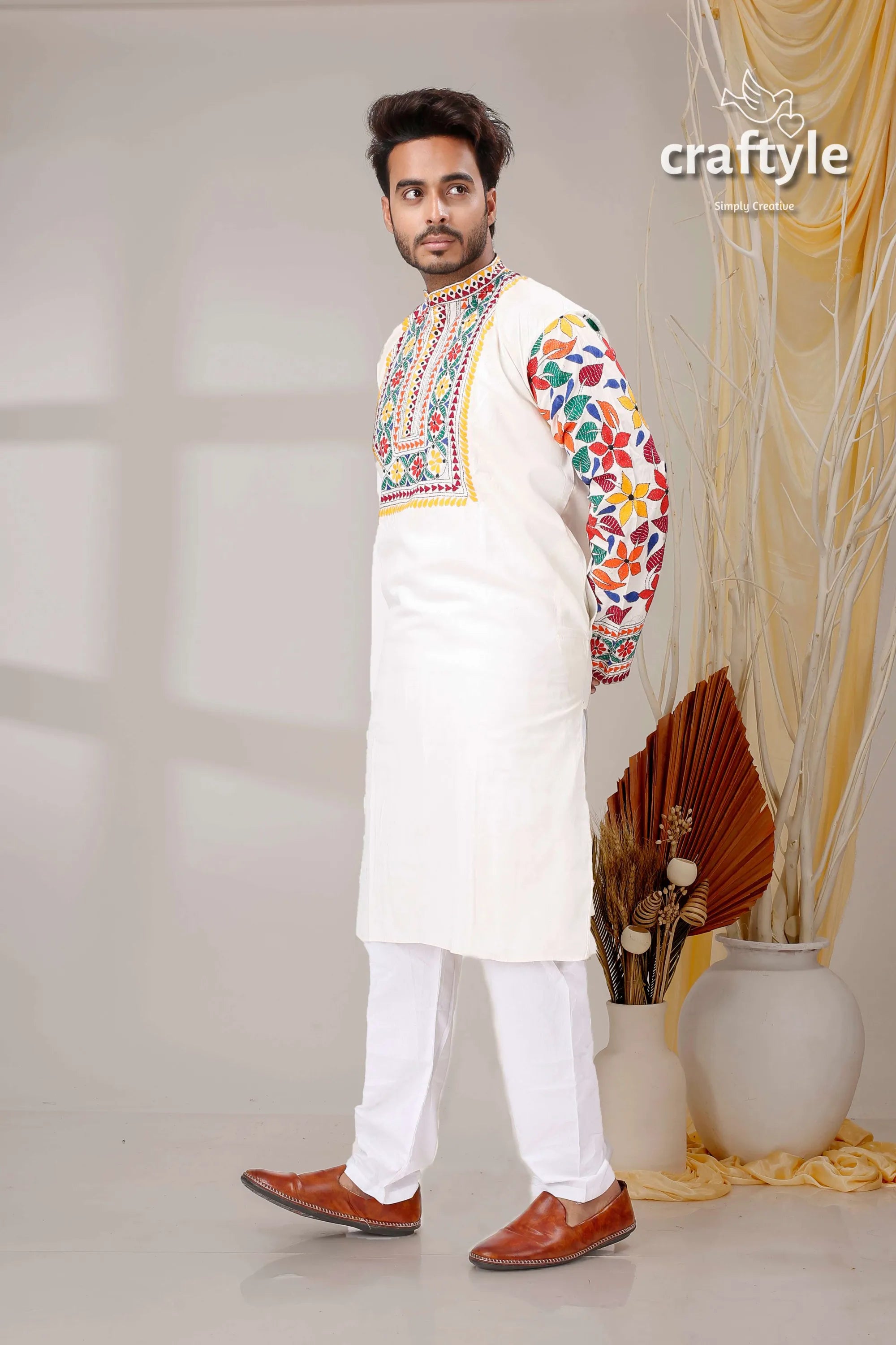 Daisy white multithread work kantha stitch cotton panjabi for men kurta vibrant multicolored floral 4