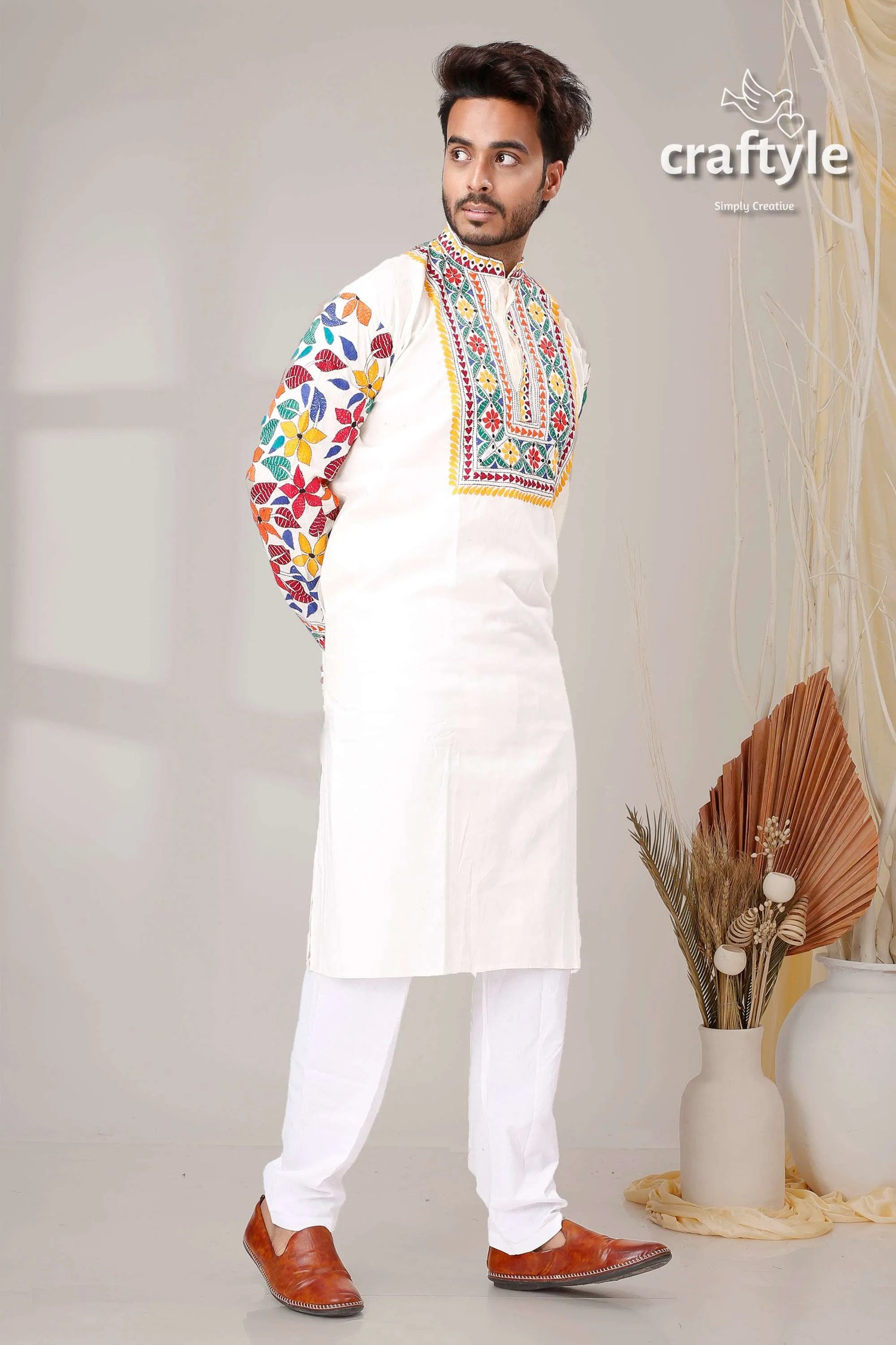 Daisy white multithread work kantha stitch cotton panjabi for men embroidered kurta vibrant multicolored 3