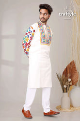 Daisy white multithread work kantha stitch cotton panjabi for men embroidered kurta vibrant multicolored 3