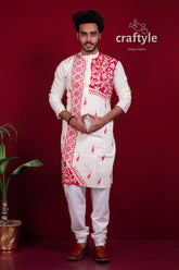 Daisy white & red authentic kantha stitch cotton mens kurta men’s intricate 5