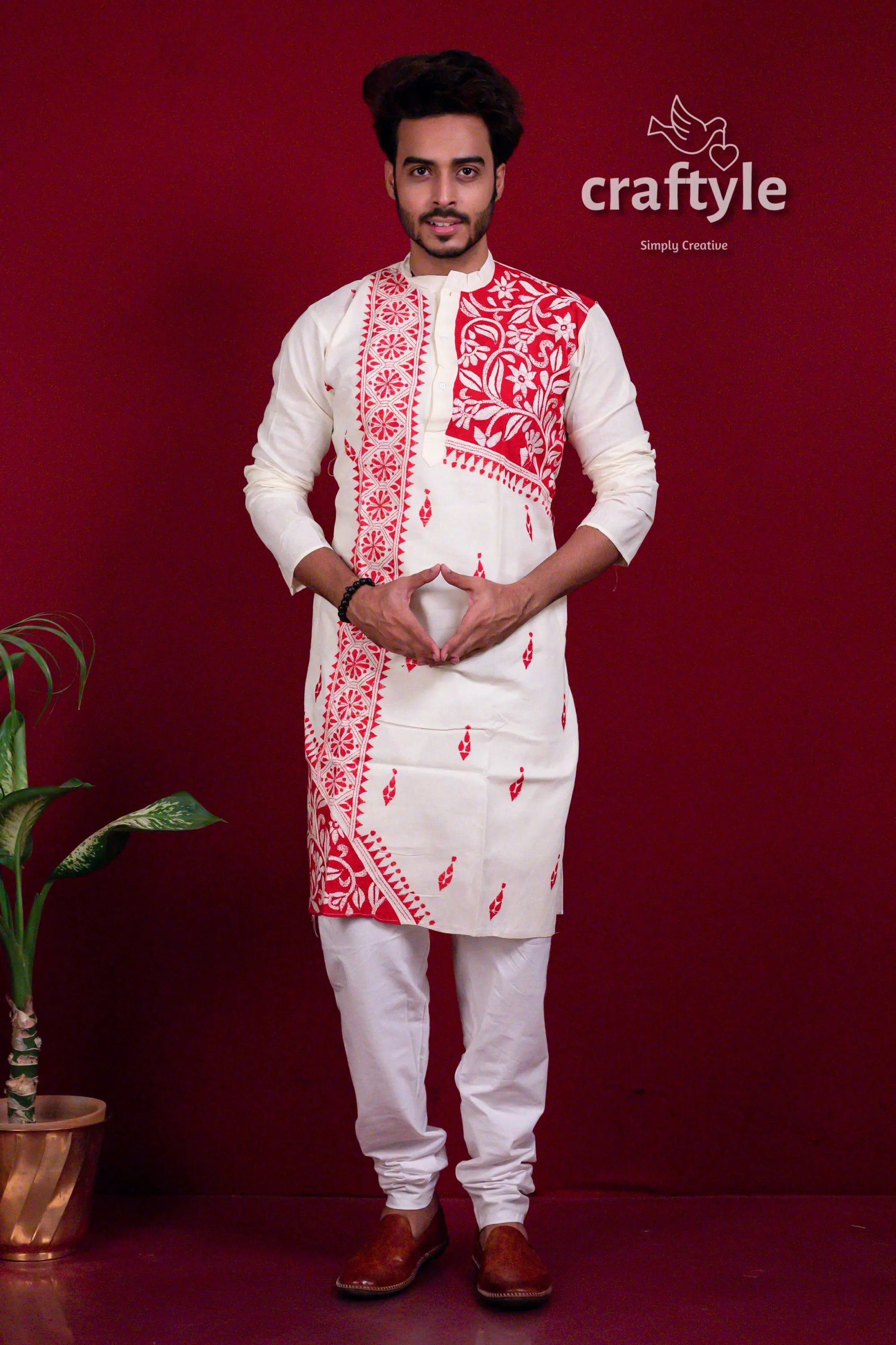 Daisy white &amp; red authentic kantha stitch cotton mens kurta men’s intricate 5